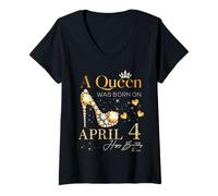 Mujer Una Reina nació el 4 de Abril Feliz cumpleaños para mí Queen B-Day Camiseta Cuello V