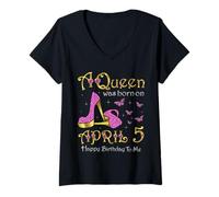 Mujer Una Reina nació el 5 de Abril, 5 de Abril Cumpleaños Mariposas Camiseta Cuello V