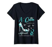 Mujer Una Reina nació el 8 de Abril, Fiesta de cumpleaños del 8 de Abril Camiseta Cuello V