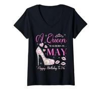 Mujer Una reina nació en mayo, fiesta de feliz cumpleaños para mí, linda rosa Camiseta Cuello V