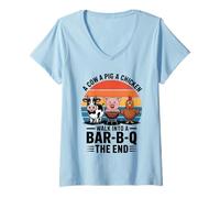 Mujer Una Vaca Un Cerdo y un Pollo Caminar en un Bar BBQ Padre Grill Camiseta Cuello V