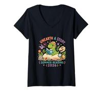 Mujer Unearth a Story Summer Library Reading 2026 Dinosaur Prize Camiseta Cuello V
