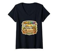 Mujer Unearth a Story Summer Library Reading 2026 Dinosaur Prize Camiseta Cuello V