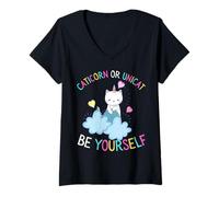 Mujer Unicat o Caticorn Who Cares Be Yourself Unicorn Funny Cat Camiseta Cuello V