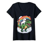 Mujer Unicorn Riding T-Rex Dinosaurio para niñas, niños, Mujeres y Hombres, arcoíris Camiseta Cuello V