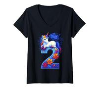 Mujer Unicornio 2 años niña cumpleaños camisa feliz número 2 Camiseta Cuello V