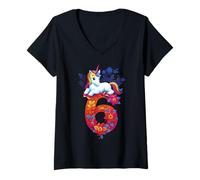 Mujer Unicornio 6 años niña cumpleaños camisa feliz número 6 Camiseta Cuello V