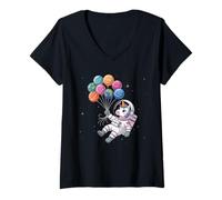 Mujer Unicornio Astronauta sosteniendo Globo Planeta Espacio Exterior Camiseta Cuello V