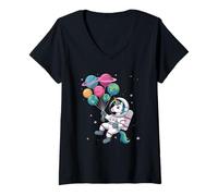 Mujer Unicornio Astronauta sosteniendo Globo Planeta Espacio Exterior Camiseta Cuello V