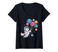 Mujer Unicornio Astronauta sosteniendo Globo Planeta Espacio Exterior Camiseta Cuello V
