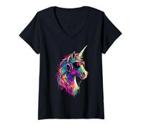 Mujer Unicornio Colorido Arco Iris Jinete Caballos Montando Camiseta Cuello V