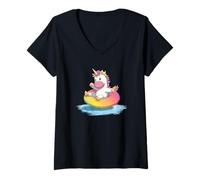 Mujer Unicornio Colorido con Anillo de Piscina para los Amantes de Las Vacaciones en Camiseta Cuello V