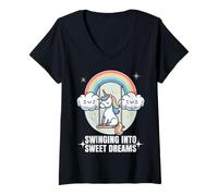 Mujer Unicornio en las nubes. Balanceándose en dulces sueños. Camiseta Cuello V