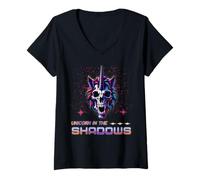 Mujer Unicornio en Las Sombras Cráneo Fantasía Oscura Camiseta Cuello V