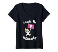 Mujer Unicornio Feminista pisotea la Bandera activista del patriarcado Camiseta Cuello V