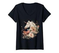 Mujer Unicornio Floral Otoño Luna Fantasía Mágica Mujer Mítica Camiseta Cuello V