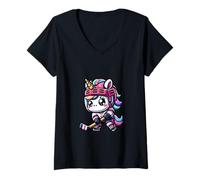 Mujer Unicornio Juega Hockey Hielo Encantado Camiseta Cuello V