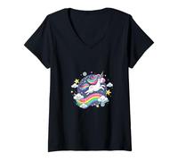 Mujer Unicornio juguetón Volando a través del Cielo Estrellado con arcoíris Camiseta Cuello V