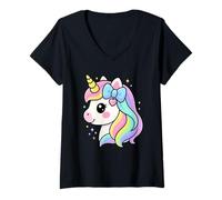 Mujer Unicornio Kawaii con Arco Iris Melena Brilla Lindo Dibujos Animados Camiseta Cuello V