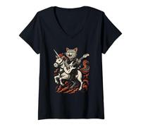 Mujer Unicornio Montando Gato con Guitarra eléctrica Divertido Arte rupestre Camiseta Cuello V