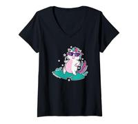Mujer Unicornio Surfeando en el Mar Camiseta Cuello V