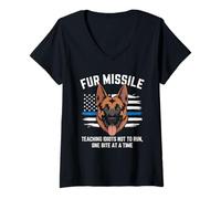 Mujer Unidad K9 Fur Missile Police Dog, Delgada línea Azul, Bandera Estadounidense Camiseta Cuello V