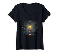 Mujer Universo del Sistema Solar Dorado Cósmico Celestial Camiseta Cuello V