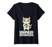 Mujer Unpaid Supervisor Funny Cat Owner Work Humor Camiseta Cuello V