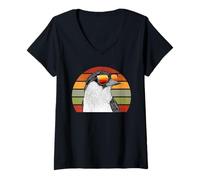 Mujer Urraca, pájaro, gafas de sol, ilustración, retro, puesta de sol, amantes de aves Camiseta Cuello V