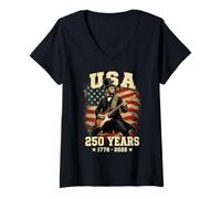 Mujer USA 250º Patriótico Abraham Lincoln Tocando Guitarra Rock Camiseta Cuello V