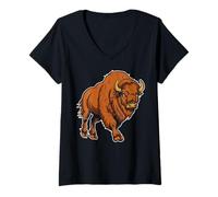 Mujer USA America - Animales - Bisonte de Madera Camiseta Cuello V