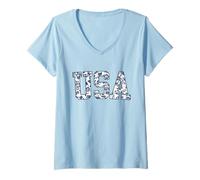 Mujer USA Floral Varsity Tiny Blue French Toile Texto Camiseta Cuello V
