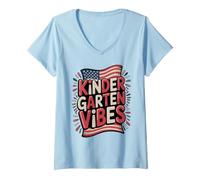 Mujer USA Kindergarten Escuela Vibes Primer Día América Profesor Camiseta Cuello V