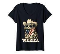 Mujer USA 'Merica Cat 4th of July Men Women Kids Funny Patriotic Camiseta Cuello V