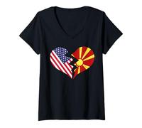 Mujer USA y Macedonia del Norte Corazón Roto Amor Internacional Camiseta Cuello V