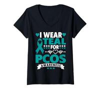 Mujer Uso Verde Azulado para el síndrome de Ovario poliquístico de Conciencia sobre el SOP Camiseta Cuello V