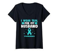 Mujer Uso verde azulado para mi esposo PTSDAwareness Salud mental Esposa Camiseta Cuello V