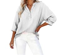 Mujer V Cuello Top - Camisa Mujer Manga 3/4 Shirt Algodón Lino Elástico Camiseta Button Down Color Sólido Summer Tops Diseño Plisado Moda Blusas Tallas Grandes Versátil, blanco, XXL