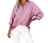 Mujer V Cuello Top - Camisa Mujer Manga 3/4 Shirt Algodón Lino Elástico Camiseta Button Down Color Sólido Summer Tops Diseño Plisado Moda Blusas Tallas Grandes Versátil, rosa, M