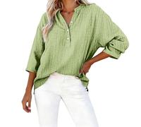 Mujer V Cuello Top - Camisa Mujer Manga 3/4 Shirt Algodón Lino Elástico Camiseta Button Down Color Sólido Summer Tops Diseño Plisado Moda Blusas Tallas Grandes Versátil, verde, M