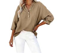 Mujer V Cuello Top - Camisa Mujer Manga 3/4 Shirt Algodón Lino Elástico Camiseta Button Down Color Sólido Summer Tops Diseño Plisado Moda Blusas Tallas Grandes Versátil, verde caqui, XL