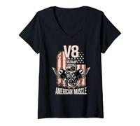 Mujer V8 American Muscle Car con bandera de EE. UU. V8 Camiseta Cuello V
