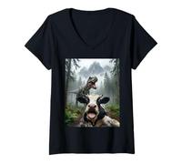 Mujer Vaca asustada T Rex Selfie Dinosaurio Granja Meme Humor Divertido Camiseta Cuello V