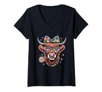 Mujer Vaca Colorida de Las Tierras Altas con Arco Rompecabezas Camiseta Cuello V