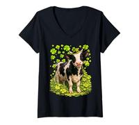 Mujer Vaca de la Suerte con tréboles tréboles Animal del día de San Patricio Camiseta Cuello V