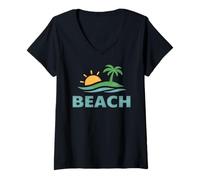 Mujer Vacaciones en la Playa Minimal Palmera Atardecer Costera Océano Vibes Camiseta Cuello V