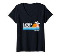 Mujer Vacaciones tropicales al estilo vintage de los 80 en Laguna Beach, EE. UU. Camiseta Cuello V