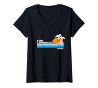 Mujer Vacaciones tropicales en Fort Lauderdale, puesta de sol vintage al estilo de los 80 Camiseta Cuello V
