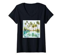 Mujer Vacation Paradise Tropical Lagoon Beach Sand Watercolor v3 Camiseta Cuello V