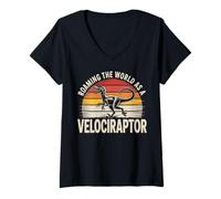 Mujer Vagando por el mundo como un amante divertido de los dinosaurios velociraptor Camiseta Cuello V